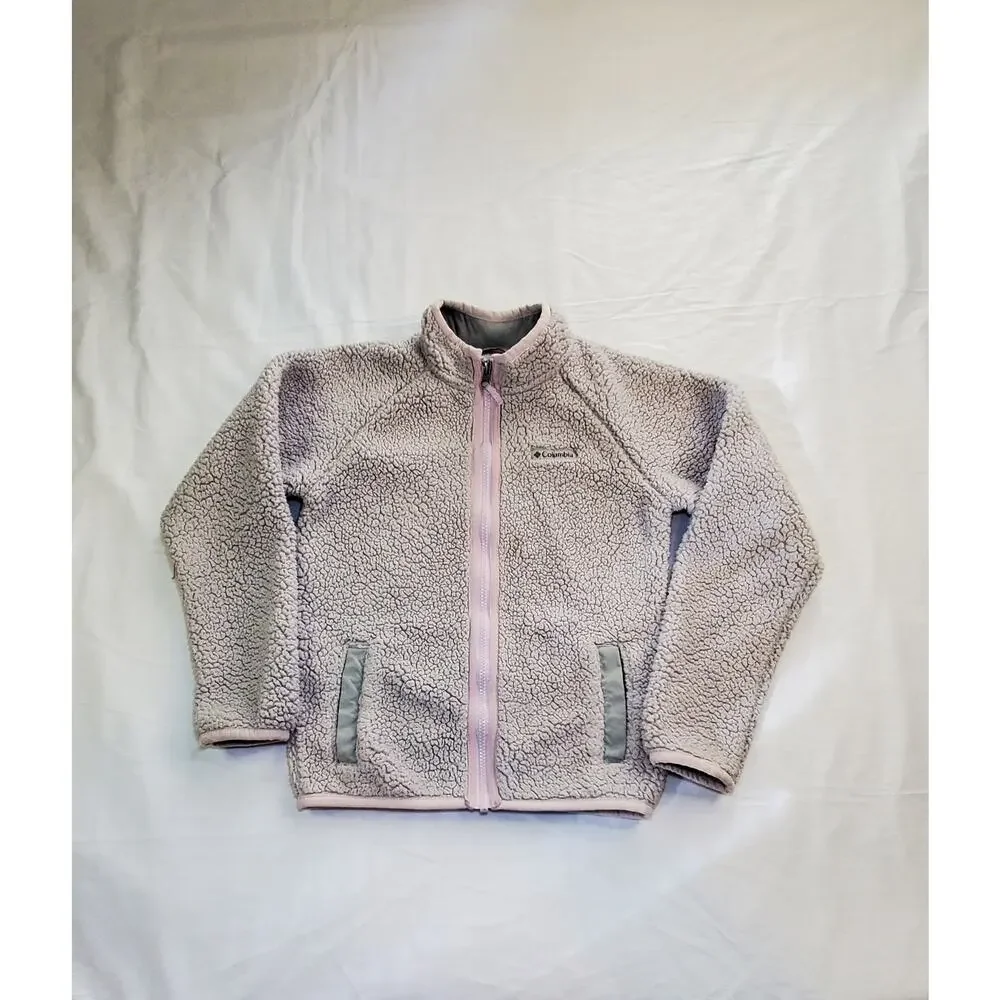 Columbia Size M 10/12 Full-zip Fleece Jacket Sweater Youth Kids Grey Pink Ca10